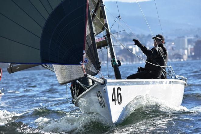 Black, skippered by Richard Fader is second overall after Day 1 of the SB20 Tasmania Mid-Winter Regatta on Hobart’s River Derwent © Jane Austin